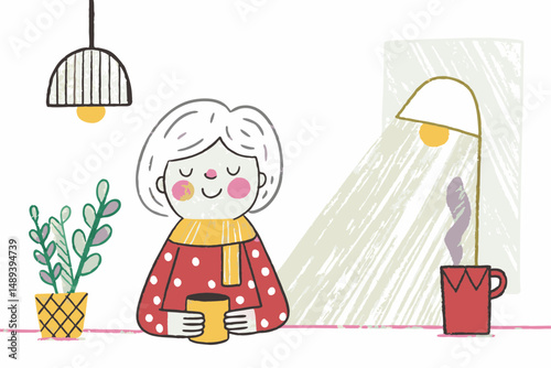 Elderly woman smiling while holding a cup in a cozy room with plants and warm lighting, representing comfort and relaxation in daily life.