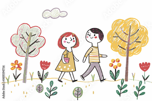 Two cheerful children walking together in a colorful, whimsical garden with trees and flowers, representing friendship and joy in nature.