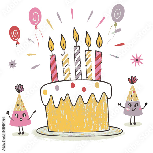 Colorful cartoon characters celebrate a birthday with a cake and candles, surrounded by festive decorations, representing joy and celebration.