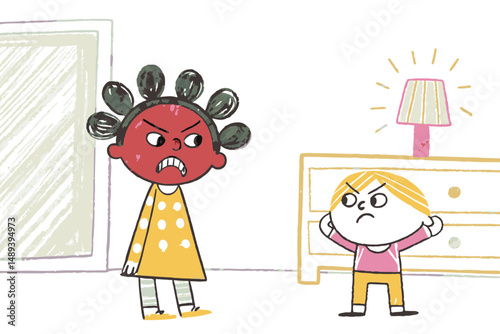 A visibly angry parent standing with arms raised beside a defensive child, symbolizing emotional conflict, parenting challenges, discipline moments, and family tension
