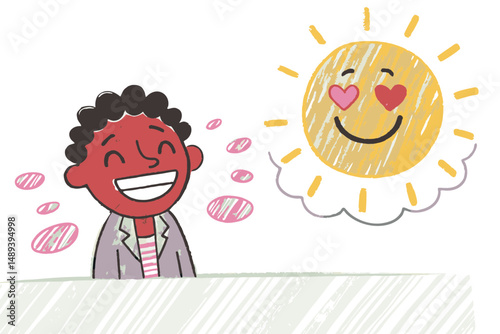 Cheerful child expressing joy while dreaming of a smiling sun with hearts, colorful illustration representing happiness and positivity.