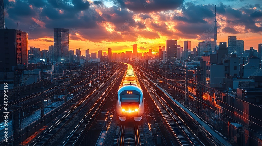 Obraz premium Award-Winning Hyper-Realistic 8K Photo of Train in Motion with Vibrant Urban Sunset, Cinematic Lighting, and Stunning Aerial Cityscape View