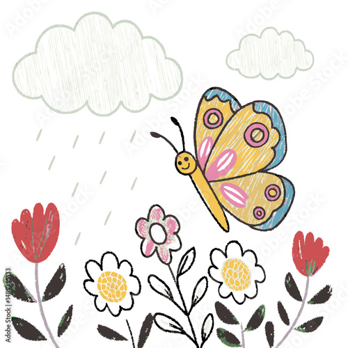 Colorful butterfly joyfully flying among blooming flowers with playful clouds above, representing springtime beauty and the joy of nature.
