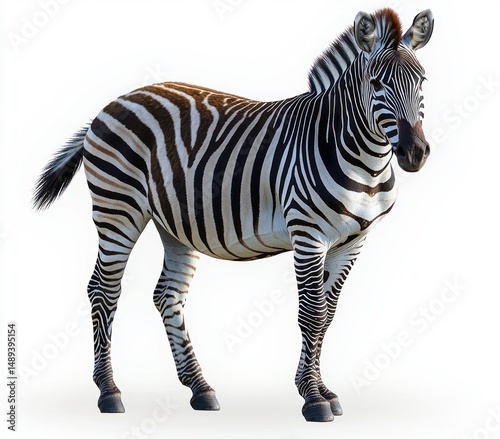 black and white striped adult zebra standing in a three quarter view with attentive ears and calm expression isolated on white background