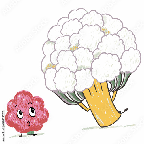 A happy cauliflower standing beside a smiling broccoli, both with faces, symbolizing healthy vegetables, playful food design, and nutritious eating for kids
