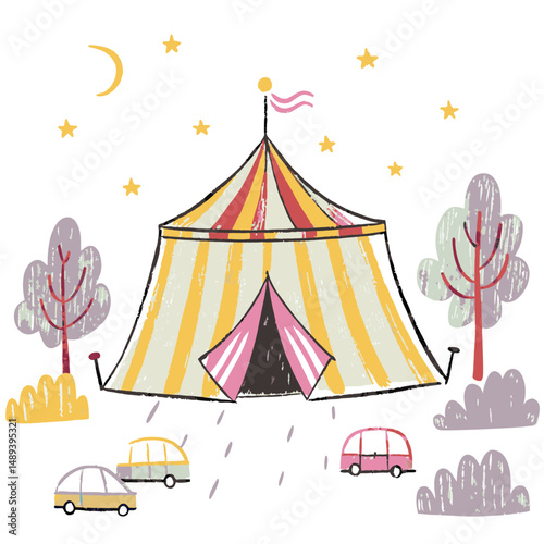 A striped circus tent lit under a starry night sky with nearby cars, symbolizing festive events, magical shows, outdoor entertainment, and joyful childhood experiences
