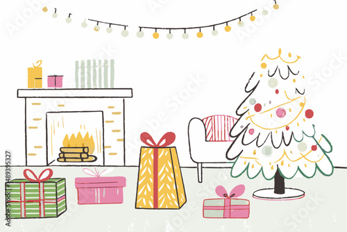 Festive Christmas Scene with Decorated Tree, Wrapped Gifts, Cozy Fireplace, and Twinkling Lights Representing Holiday Joy and Celebration