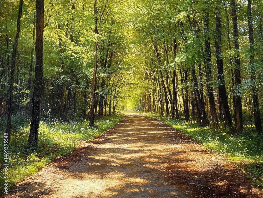 Obraz premium Sunlit dirt path through a lush green forest with tall trees and fresh foliage creating a peaceful, serene atmosphere