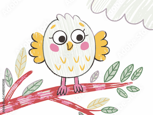 Cute cartoon owl perched on a branch, looking cheerful among colorful leaves, representing creativity and childhood wonder.