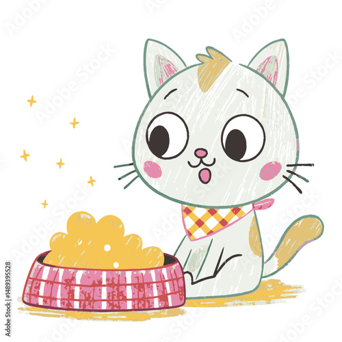 Cute cartoon cat expressing joy while sitting beside a bowl of food, set against a simple white background, representing love for pets and joyful companionship.