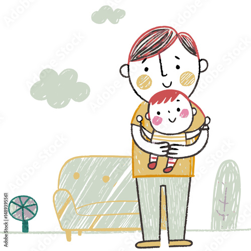 A father holding his baby while standing near a couch, surrounded by soft greens, symbolizing love, home comfort, bonding, and peaceful early parenthood
