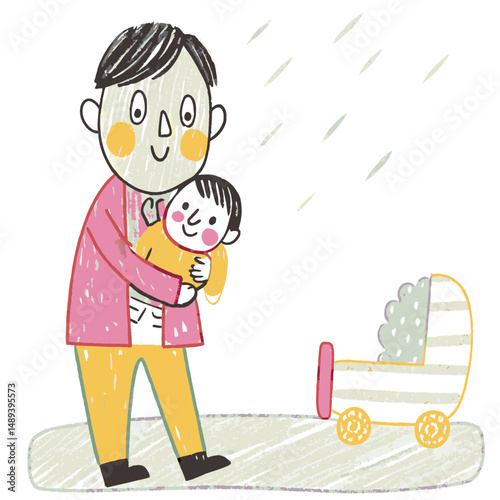 A father in a red sweater hugging a baby in the rain near a stroller, symbolizing protection, care, family love, and emotional closeness in all weather
