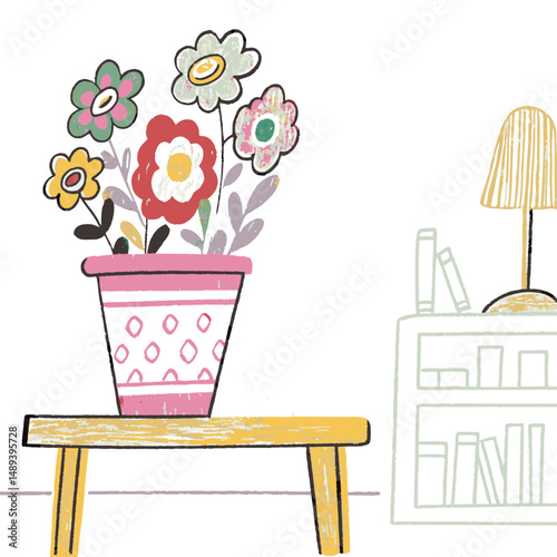 Colorful flowers in a cheerful pot brighten a cozy room with a simple table and a lamp, representing tranquility and nature indoors.