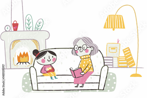 Grandmother and granddaughter sharing a cozy reading moment on a comfortable couch by the fireplace, showcasing warmth and family bonding in a vibrant home setting.