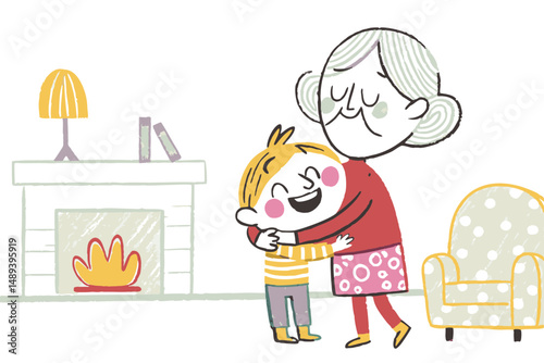 A grandmother embracing a happy child in front of a fireplace, symbolizing warmth, emotional bonding, family security, and nurturing care in a cozy home environment
