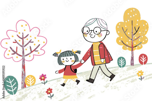 A smiling grandfather walking with his granddaughter in an autumn park, representing love, care, trust, and grandparental connection during outdoor activities
