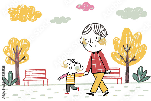 A father walking in the park holding hands with his son on a sunny day, symbolizing bonding, fatherhood, family values, and outdoor connection
