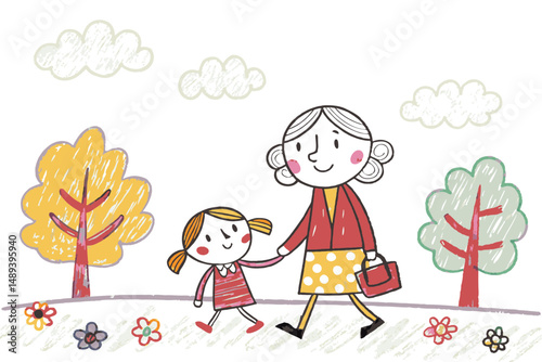 A smiling mother holding hands with her daughter during a walk in a colorful park, symbolizing parental care, family love, and nature appreciation
