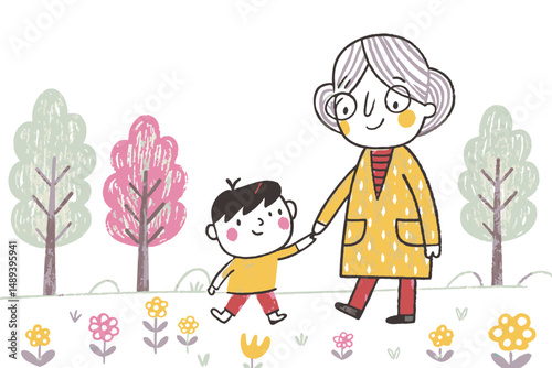 A grandmother walking hand in hand with her grandchild in an autumn park, representing intergenerational love, care, outdoor bonding, and peaceful seasonal stroll
