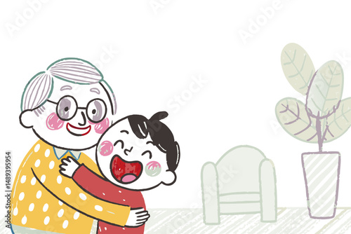 Grandfather and Child Hugging Happily in Cozy Living Room with Plant, Representing Love and Joy in Family Bonds