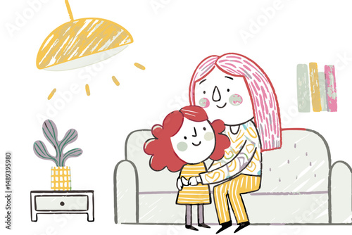 Mother and daughter sharing a joyful hug in a cozy living room with warm lighting, symbolizing love and family connection.