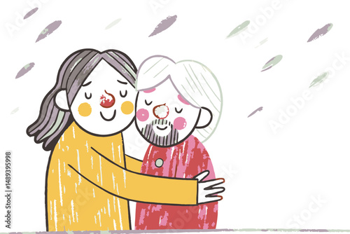 Father and child embracing joyfully with hearts in the background, colorful illustration representing love and family connection.