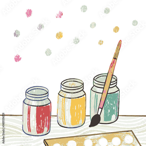 Artistic Creativity with Paints and Brush on a Wooden Table Surrounded by Colorful Dots, Symbolizing Imagination and Self-Expression
