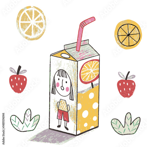 Cartoonish juice box featuring a girl character surrounded by fruits and leaves, representing refreshment and playfulness in a fun, colorful style.