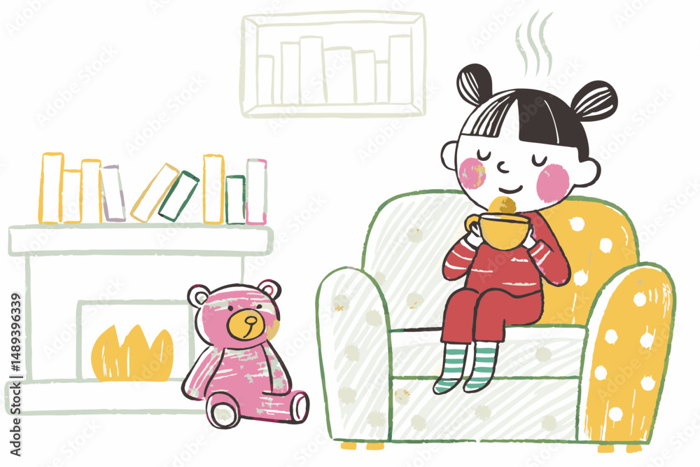 Naklejka premium A cozy girl relaxing with a cup of tea beside a teddy bear in a warm living room filled with books, representing comfort and childhood joy.