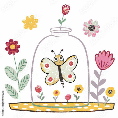 Colorful butterfly encased in glass jar surrounded by vibrant flowers in a whimsical garden setting representing nature and fragility.