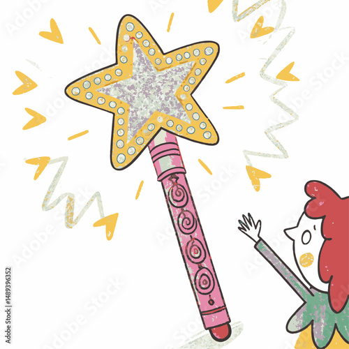 A sparkling star-shaped magic wand glowing in the air with a girl nearby, representing fantasy, magical wishes, imagination, childhood fun, and playtime creativity
