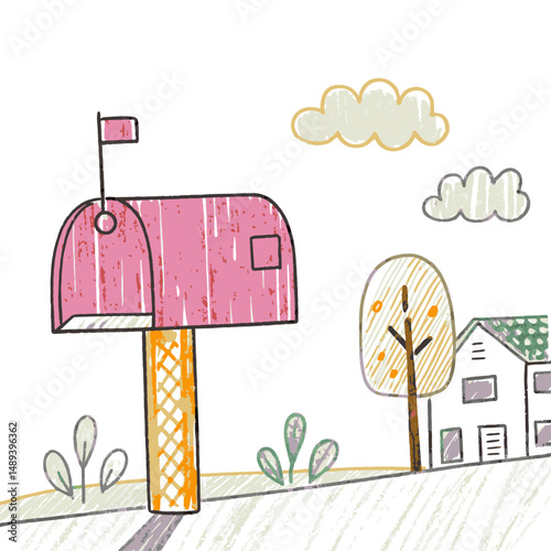 Charming mailbox stands tall with a cheerful flag in a doodle-style landscape featuring a tree and a house, symbolizing communication and home.