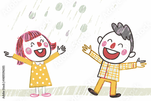 Two joyful children enjoying rain, celebrating playfulness, bright colors in a whimsical art style, representing happiness and childhood innocence.