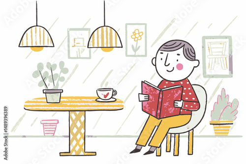 Happy man reading a book in a cozy cafe setting with plants and warm lighting representing relaxation and comfort.
