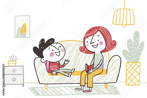 Child happily engaging with a parent while reading a book on a cozy sofa surrounded by a bright, cheerful interior representing family bonding and education.
