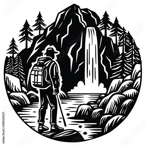 Solo Hiker Admiring Majestic Waterfall Landscape