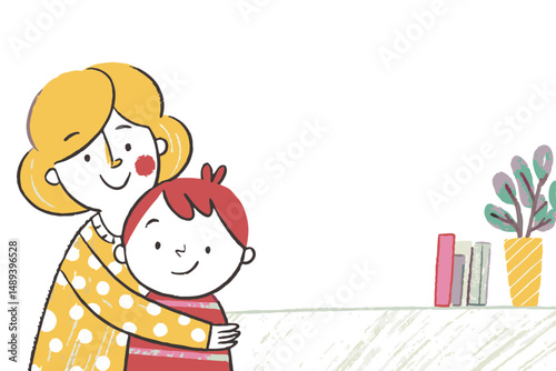 A mother and child embracing joyfully in a cozy living room with plant decoration, representing love, warmth, and family connection.