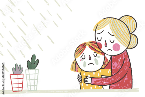 Mother Comforting Sad Child in Rainy Scene with Potted Plants, Illustrating Emotions of Support and Care