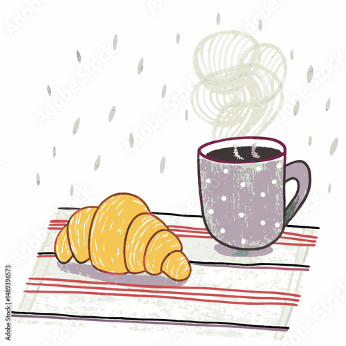 A steaming cup of coffee and a croissant placed on a table while it's raining outside, symbolizing calm, comfort, and cozy morning routines
