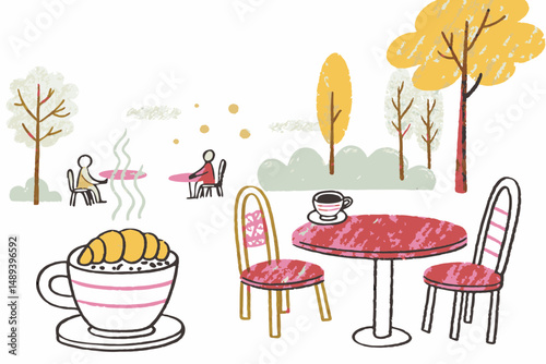 Cozy Outdoor Café Setting with Warm Coffee and Pastry, Inviting Atmosphere Surrounded by Colorful Trees and Relaxed Patrons Enjoying Their Time