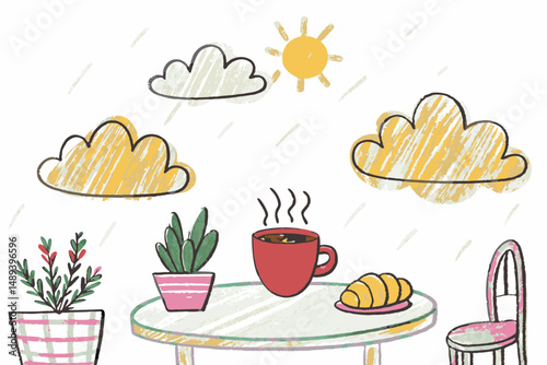 Colorful Illustration of a Cozy Rainy Day Scene with a Cup of Coffee, Croissant, and Potted Plants Representing Comfort and Warmth