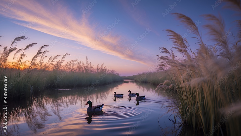 Naklejka premium Ducks Swimming in Calm Waterway at Sunset with Tall Grass