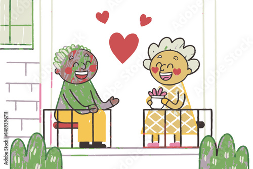 Two elderly friends joyfully laughing together on a park bench surrounded by colorful trees and plants, representing friendship and happiness in nature.