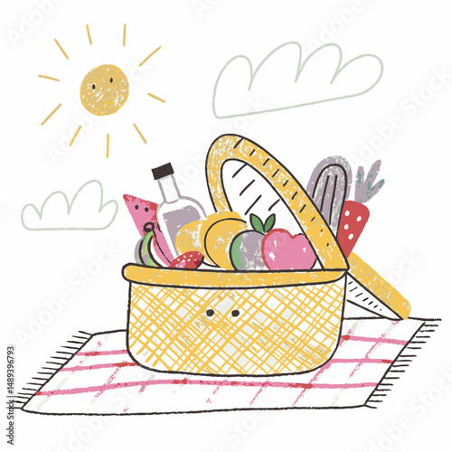 Cheerful picnic basket filled with colorful fruits and vegetables under a bright sun on a checkered blanket, representing enjoyment and togetherness in summer.