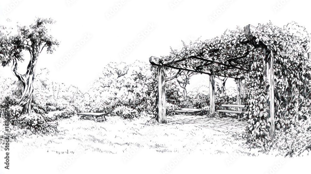 Fototapeta premium Serene garden pergola with benches, leafy trees background; peaceful relaxation scene