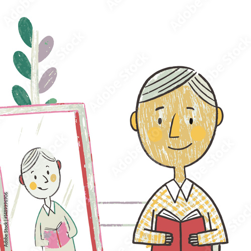 An elderly man holding a book while looking at a picture frame, representing memory, storytelling, aging, and connection to family
