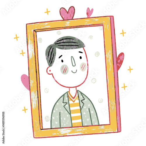 A framed portrait of a man with pink hearts around it, symbolizing memory, love, and emotional attachment to loved ones

