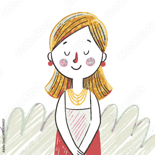 A woman with orange hair in a white dress and gold jewelry smiling softly, representing elegance, grace, and femininity
