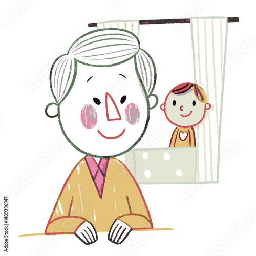 A father and child peeking from behind a curtain, representing bonding moments, parenthood, and family privacy
