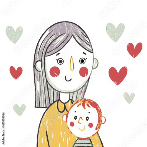 A woman with a child surrounded by hearts, symbolizing emotional bond, family love, warmth, and nurturing care
